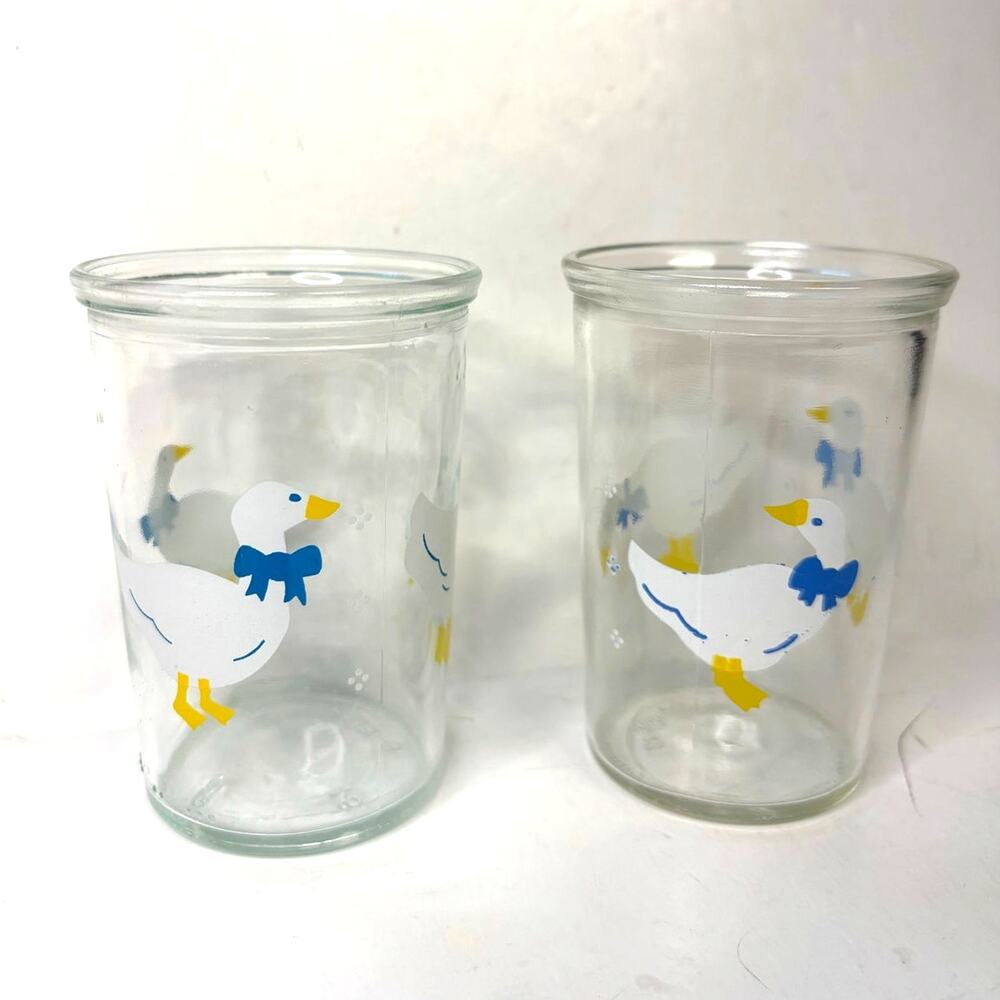 Vintage Bama Jelly Jar Glasses 1980s White Goose Duck Painted Set 90s Geese